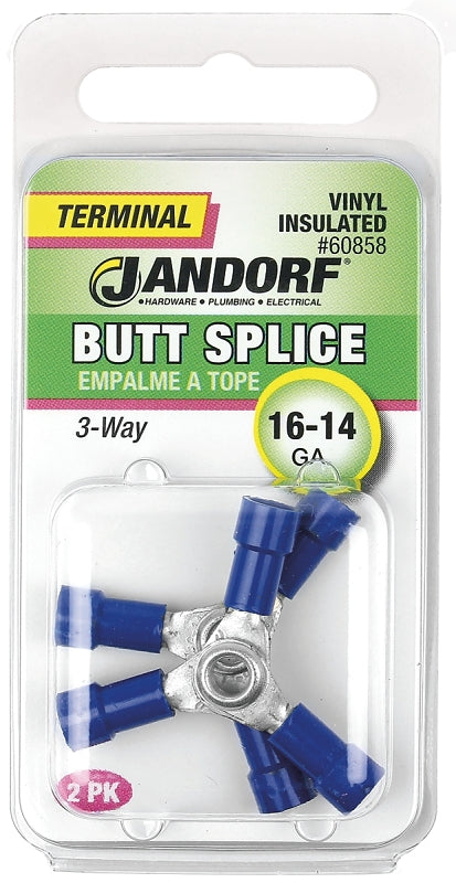 Jandorf 60858 Butt Splice Connector, 16 to 14 AWG Wire, Vinyl Insulation, Copper Contact, Tin, Blue, 2/PK