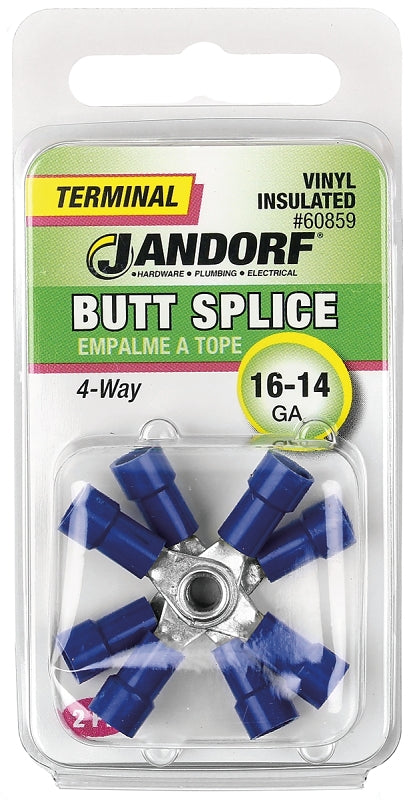 JANDORF 60859 4-Way Butt Splice Connector, 16 to 14 AWG Wire, Vinyl Insulation, Copper Contact, Blue