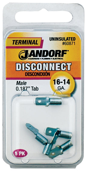 JANDORF 60871 Non-Insulated Male Disconnect Terminal, 16 to 14 AWG Wire, 0.187 in Stud, Copper Contact