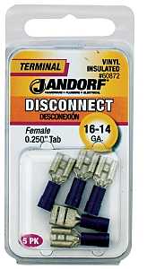 Jandorf 60872 Disconnect Terminal, 16 to 14 AWG Wire, Vinyl Insulation, Copper Contact, Tin, Blue, 5/PK