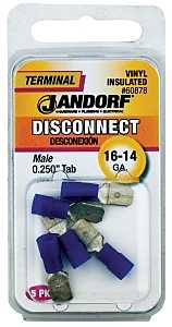Jandorf 60878 Disconnect Terminal, 16 to 14 AWG Wire, Vinyl Insulation, Copper Contact, 5/PK