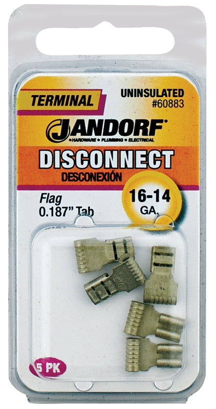 JANDORF 60883 Non-Insulated Female Flag Disconnect, 16 to 14 AWG Wire, 0.187 in Stud, Copper Contact