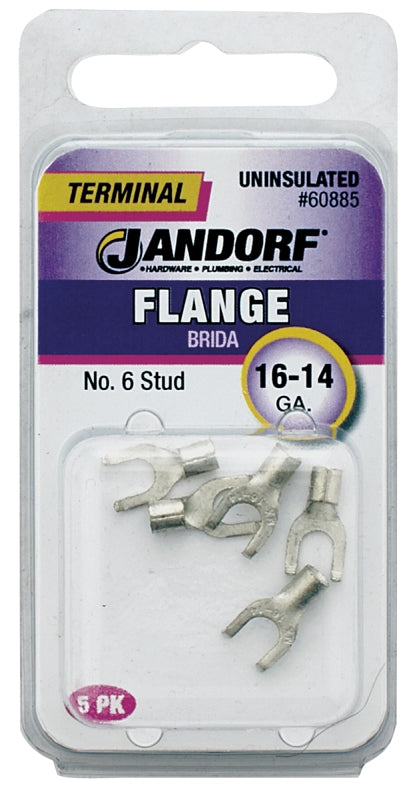 JANDORF 60885 Non-Insulated Flanged Spade Terminal, 16 to 14 AWG Wire, #6 Stud, Copper Contact