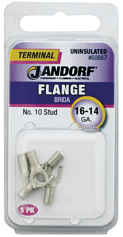 JANDORF 60887 Non-Insulated Flanged Spade Terminal, 16 to 14 AWG Wire, #10 Stud, Copper Contact