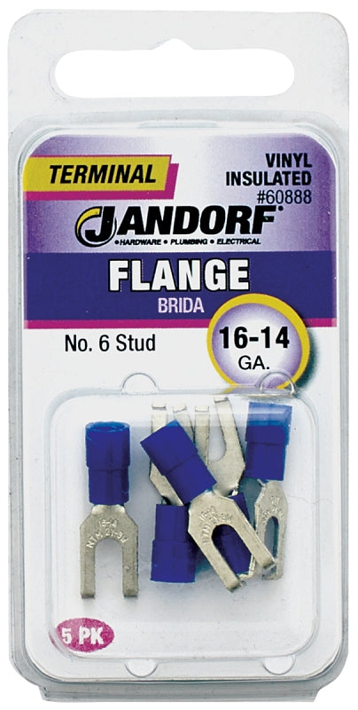 JANDORF 60888 Flanged Spade Terminal, 16 to 14 AWG Wire, #6 Stud, Vinyl Insulation, Copper Contact, Blue