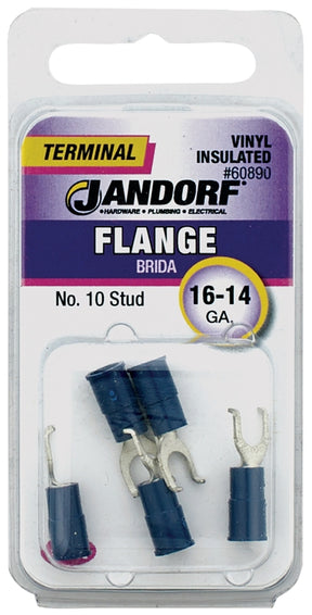 JANDORF 60890 Flanged Spade Terminal, 16 to 14 AWG Wire, #10 Stud, Vinyl Insulation, Copper Contact, Blue