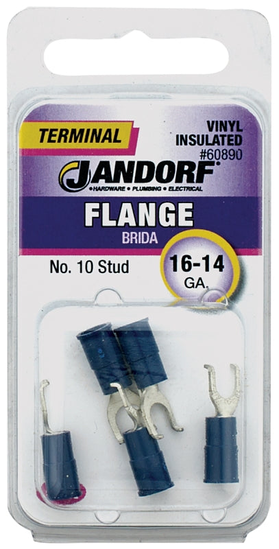 JANDORF 60890 Flanged Spade Terminal, 16 to 14 AWG Wire, #10 Stud, Vinyl Insulation, Copper Contact, Blue
