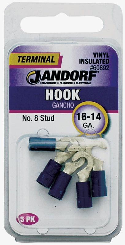 JANDORF 60892 Hook Terminal, 16 to 14 AWG Wire, #8 Stud, Vinyl Insulation, Copper Contact, Blue