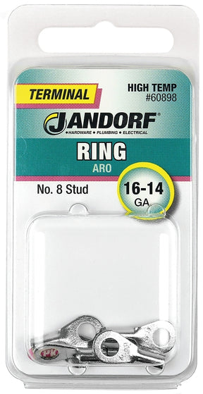 JANDORF 60898 High-Temperature Non-Insulated Ring Terminal, 16 to 14 AWG Wire, #8 Stud