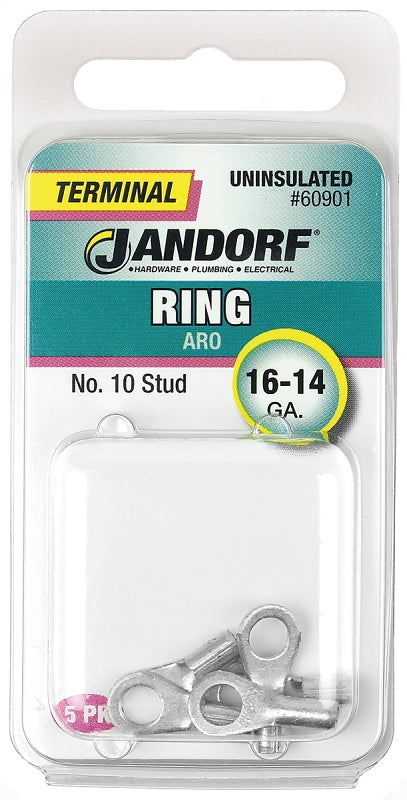JANDORF 60901 High-Temperature Non-Insulated Ring Terminal, 16 to 14 AWG Wire, #10 Stud, Copper Contact