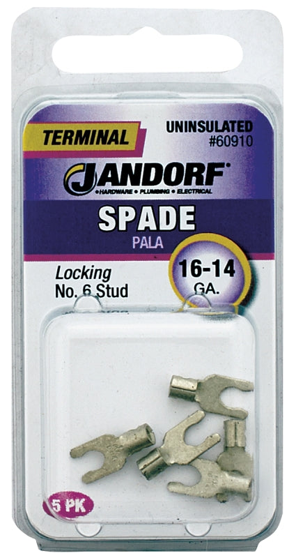 JANDORF 60910 Non-Insulated Locking Spade Terminal, 600 V, 16 to 14 AWG Wire, #6 Stud, Copper Contact