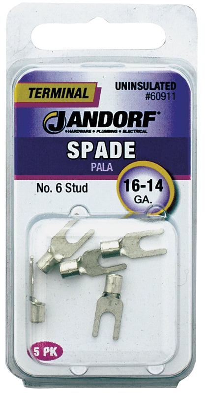 JANDORF 60911 Non-Insulated Spade Terminal, 600 V, 16 to 14 AWG Wire, #6 Stud, Copper Contact