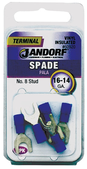 JANDORF 60920 Spade Terminal, 600 V, 16 to 14 AWG Wire, #8 Stud, Vinyl Insulation, Copper Contact, Blue