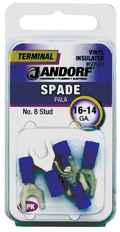 JANDORF 60920 Spade Terminal, 600 V, 16 to 14 AWG Wire, #8 Stud, Vinyl Insulation, Copper Contact, Blue