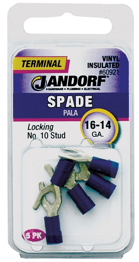 JANDORF 60921 Spade Terminal, 600 V, 16 to 14 AWG Wire, #10 Stud, Vinyl Insulation, Copper Contact, Blue