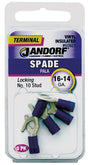 JANDORF 60921 Spade Terminal, 600 V, 16 to 14 AWG Wire, #10 Stud, Vinyl Insulation, Copper Contact, Blue