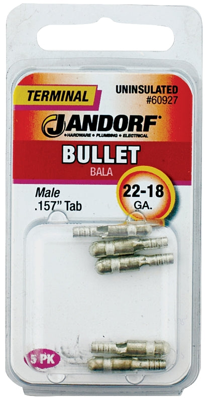 JANDORF 60927 Male Bullet Terminal, 600 V, 22 to 18 AWG Wire, 0.157 in Stud, Copper Contact, Red