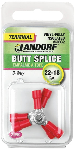 Jandorf 60932 Butt Splice Connector, 22 to 18 AWG Wire, Vinyl Insulation, Copper Contact, Tin, Red, 2/PK