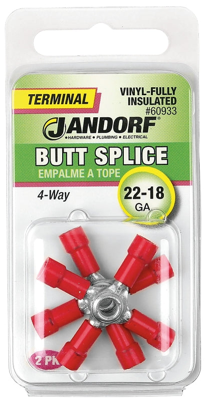 JANDORF 60933 4-Way Butt Splice Connector, 22 to 18 AWG Wire, Vinyl Insulation, Copper Contact, Red