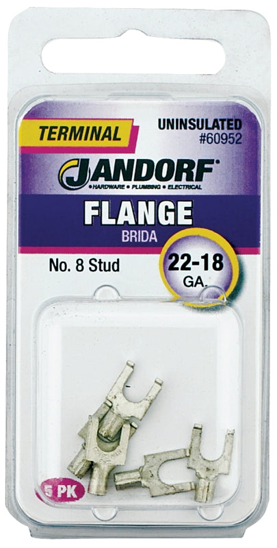 JANDORF 60952 Non-Insulated Flanged Spade Terminal, 22 to 18 AWG Wire, #8 Stud, Copper Contact