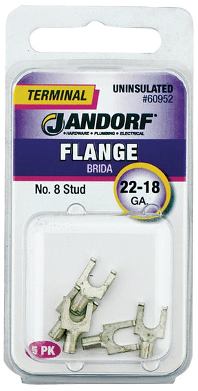 JANDORF 60952 Non-Insulated Flanged Spade Terminal, 22 to 18 AWG Wire, #8 Stud, Copper Contact