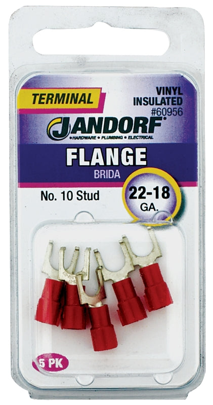 JANDORF 60956 Flanged Spade Terminal, 22 to 18 AWG Wire, #10 Stud, Vinyl Insulation, Copper Contact, Red