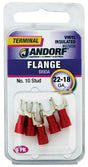 JANDORF 60956 Flanged Spade Terminal, 22 to 18 AWG Wire, #10 Stud, Vinyl Insulation, Copper Contact, Red
