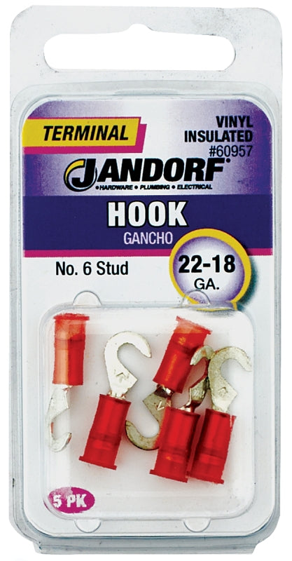 JANDORF 60957 Hook Terminal, 22 to 18 AWG Wire, #6 Stud, Vinyl Insulation, Copper Contact, Red