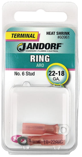 JANDORF 60961 Heat-Shrink Ring Terminal, 22 to 18 AWG Wire, #6 Stud, Copper Contact, Red