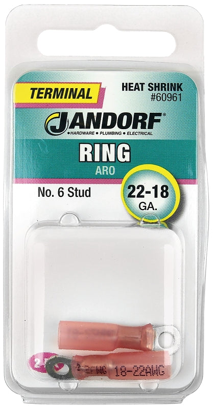 JANDORF 60961 Heat-Shrink Ring Terminal, 22 to 18 AWG Wire, #6 Stud, Copper Contact, Red