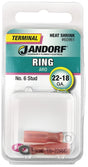 JANDORF 60961 Heat-Shrink Ring Terminal, 22 to 18 AWG Wire, #6 Stud, Copper Contact, Red