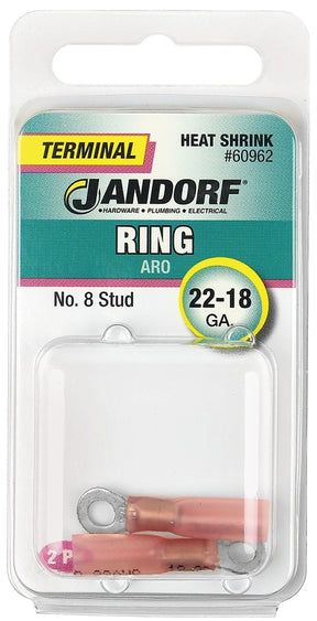 JANDORF 60962 Heat-Shrink Ring Terminal, 22 to 18 AWG Wire, #8 Stud, Copper Contact, Red