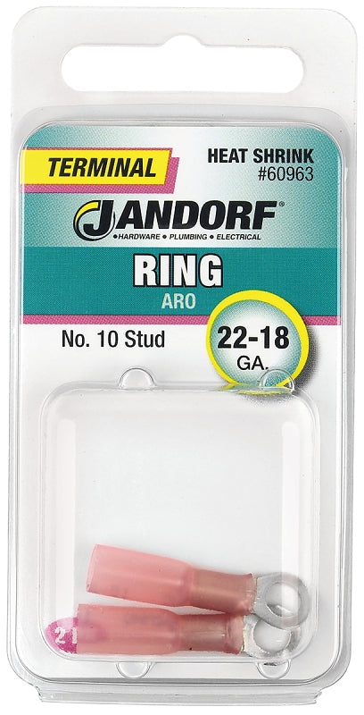 JANDORF 60963 Heat-Shrink Ring Terminal, 22 to 18 AWG Wire, #10 Stud, Copper Contact, Red