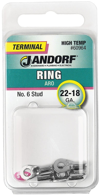JANDORF 60964 High-Temperature Ring Terminal, 22 to 18 AWG Wire, #6 Stud, Copper Contact, Red