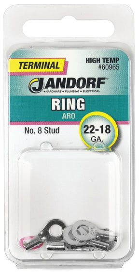 JANDORF 60965 High-Temperature Ring Terminal, 22 to 18 AWG Wire, #8 Stud, Copper Contact, Red