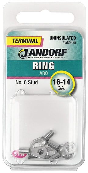 JANDORF 60966 Non-Insulated Ring Terminal, 16 to 14 AWG Wire, #6 Stud, Copper Contact