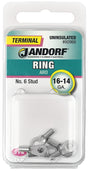 JANDORF 60966 Non-Insulated Ring Terminal, 16 to 14 AWG Wire, #6 Stud, Copper Contact