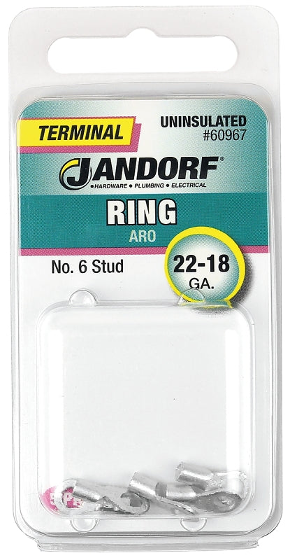 JANDORF 60967 Non-Insulated Ring Terminal, 22 to 18 AWG Wire, #6 Stud, Copper Contact