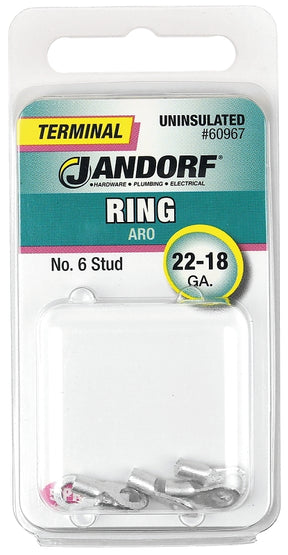 JANDORF 60967 Non-Insulated Ring Terminal, 22 to 18 AWG Wire, #6 Stud, Copper Contact