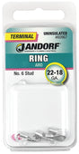 JANDORF 60967 Non-Insulated Ring Terminal, 22 to 18 AWG Wire, #6 Stud, Copper Contact
