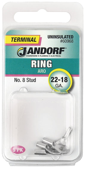 JANDORF 60968 Non-Insulated Ring Terminal, 22 to 18 AWG Wire, #8 Stud, Copper Contact