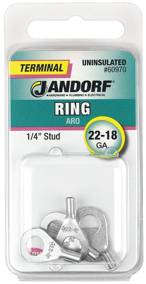 JANDORF 60970 Non-Insulated Ring Terminal, 22 to 18 AWG Wire, 1/4 in Stud, Copper Contact