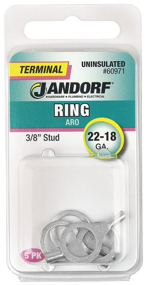JANDORF 60971 Non-Insulated Ring Terminal, 22 to 18 AWG Wire, 3/8 in Stud, Copper Contact