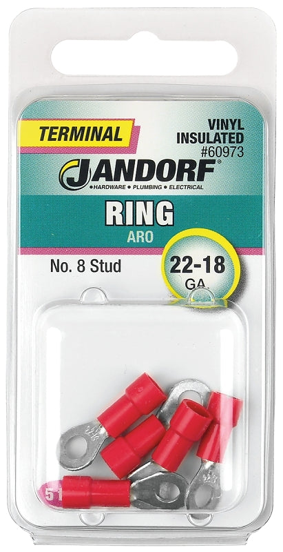 JANDORF 60973 Ring Terminal, 22 to 18 AWG Wire, #8 Stud, Vinyl Insulation, Copper Contact, Red