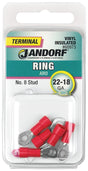 JANDORF 60973 Ring Terminal, 22 to 18 AWG Wire, #8 Stud, Vinyl Insulation, Copper Contact, Red