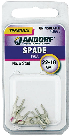 JANDORF 60978 Non-Insulated Spade Terminal, 600 V, 22 to 18 AWG Wire, #6 Stud, Copper Contact
