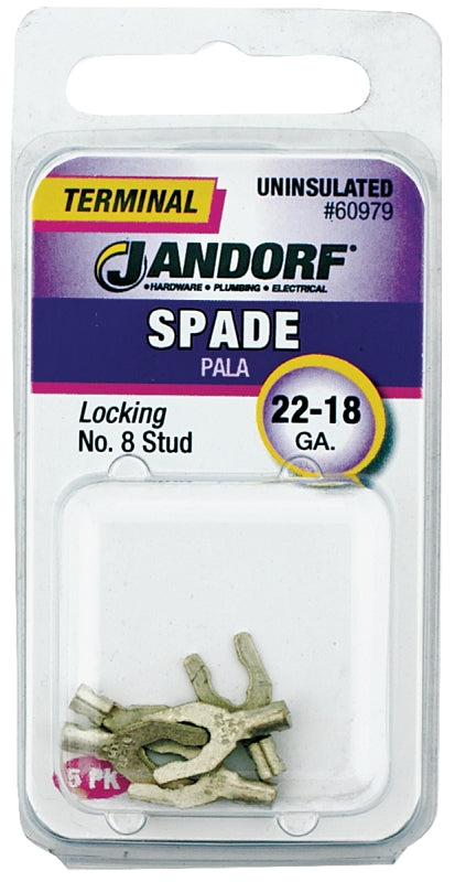JANDORF 60979 Non-Insulated Locking Spade Terminal, 600 V, 22 to 18 AWG Wire, #8 Stud, Copper Contact