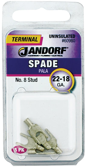 JANDORF 60980 Non-Insulated Spade Terminal, 600 V, 22 to 18 AWG Wire, #8 Stud, Copper Contact
