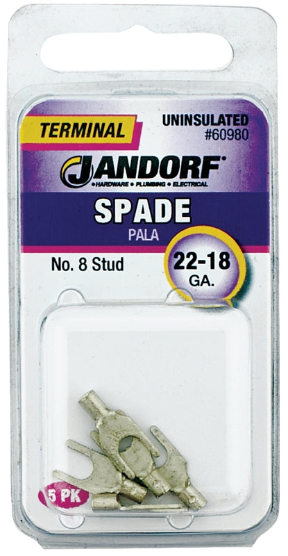 JANDORF 60980 Non-Insulated Spade Terminal, 600 V, 22 to 18 AWG Wire, #8 Stud, Copper Contact