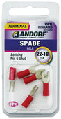 JANDORF 60984 Locking Spade Terminal, 600 V, 22 to 18 AWG Wire, #6 Stud, Vinyl Insulation, Copper Contact, Red